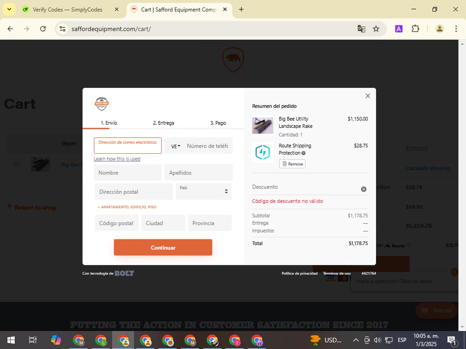 Safford Equipment promo code screenshot showing code SUMMER19 applied at Safford Equipment checkout page. Uploaded by SimplyCodes community member NobleMonarch1787 on Mar 1, 2025