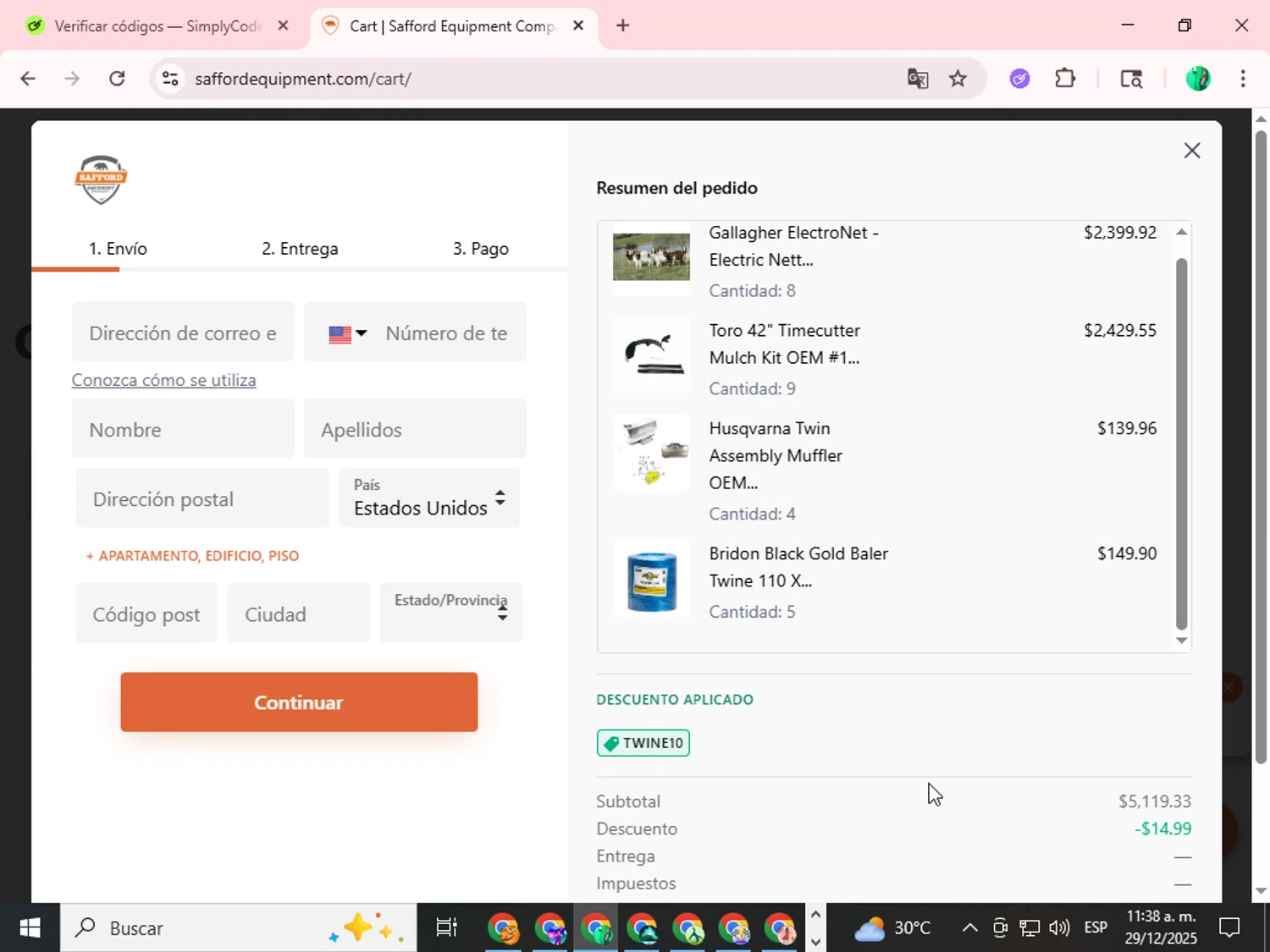 Safford Equipment promo code screenshot showing code TWINE10 applied at Safford Equipment checkout page. Uploaded by SimplyCodes community member FortunateMaven5954 on Dec 29, 2025