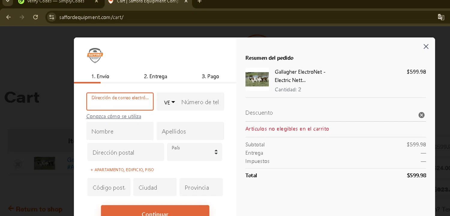 Safford Equipment promo code screenshot showing code TWINE10 applied at Safford Equipment checkout page. Uploaded by SimplyCodes community member ManTheWeed on Dec 29, 2025
