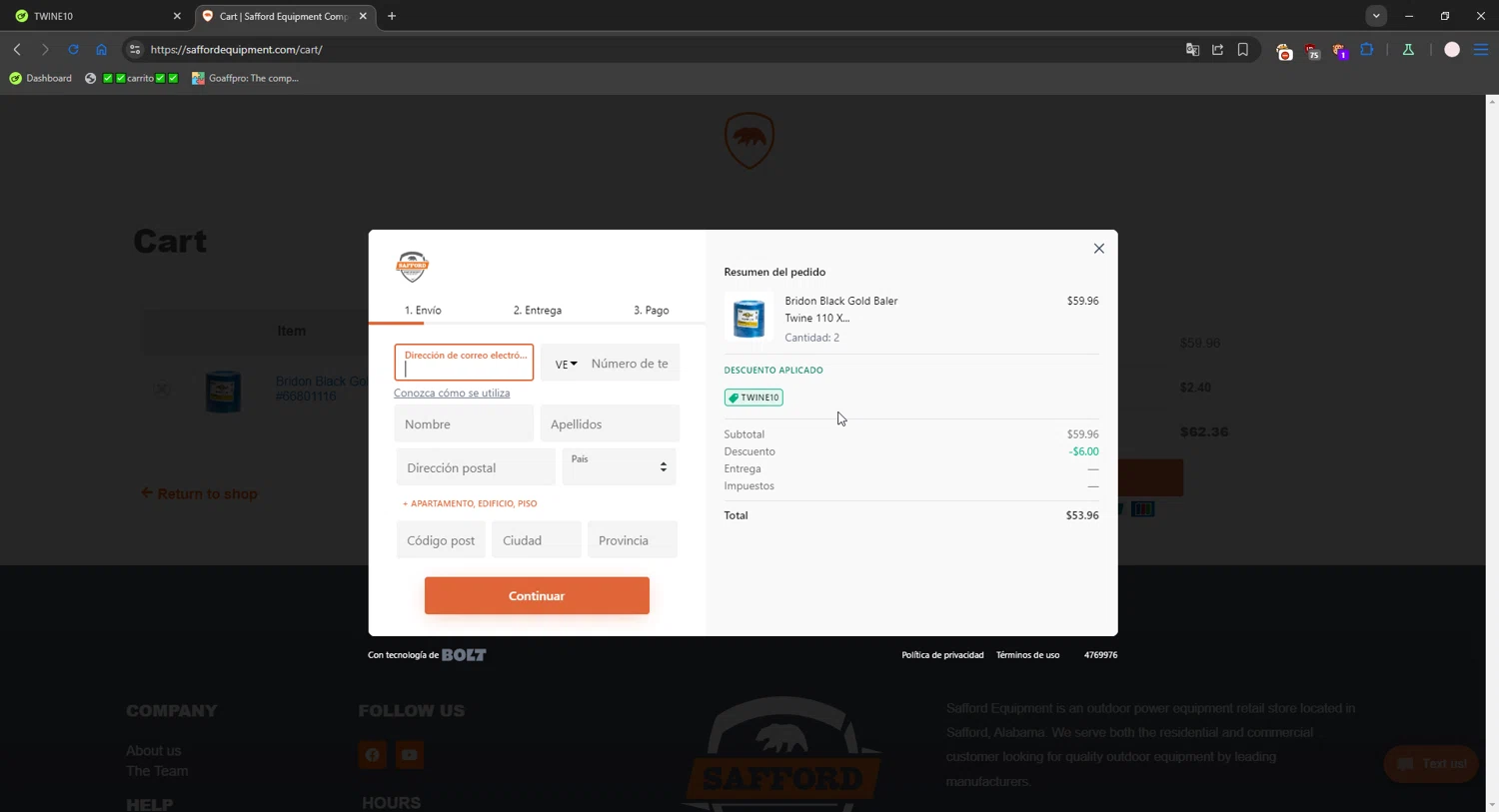 Safford Equipment promo code screenshot showing code TWINE10 applied at Safford Equipment checkout page. Uploaded by SimplyCodes community member connyshan2154 on Dec 8, 2025