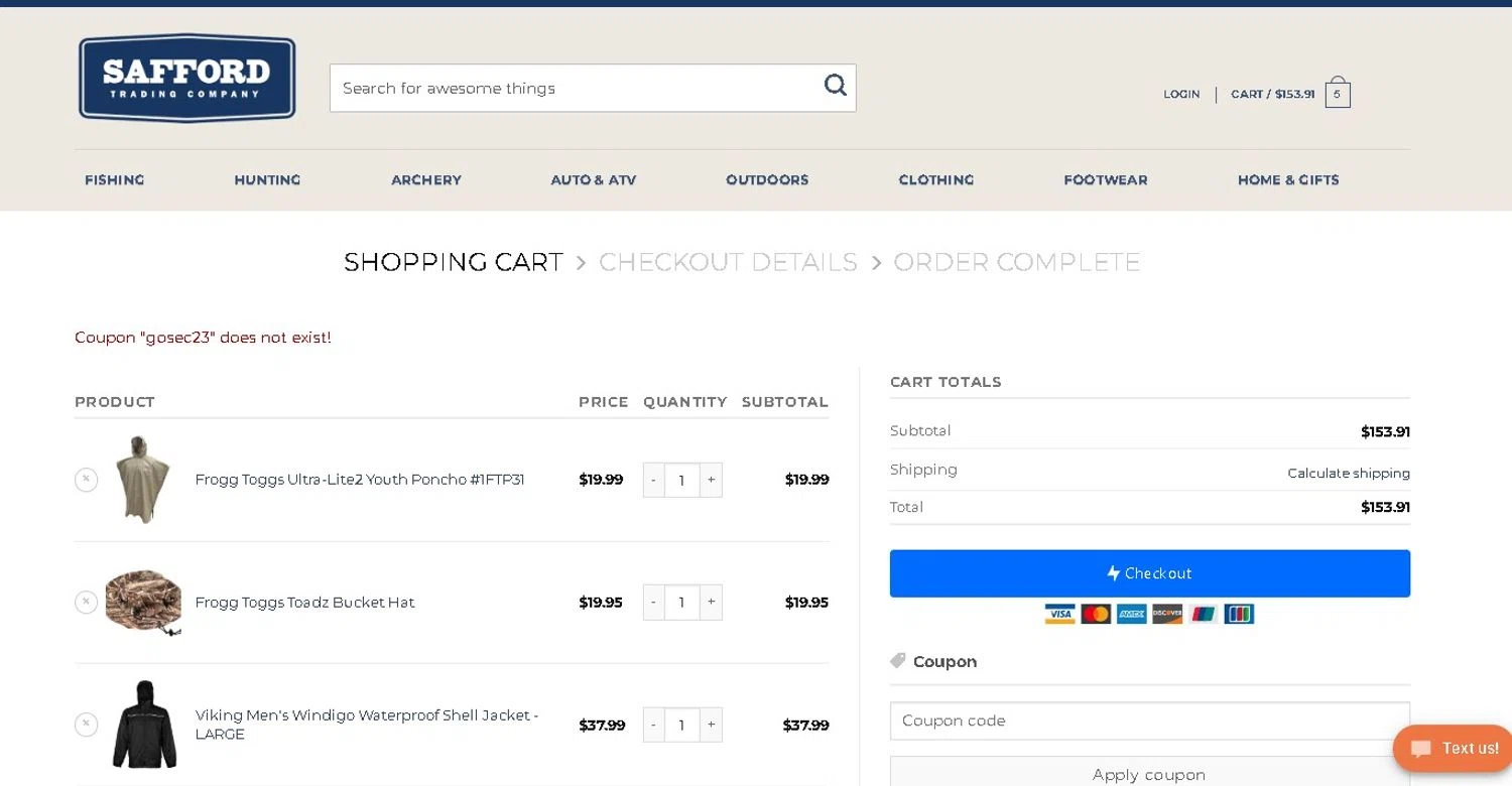 Safford Trading coupon code screenshot showing code GOSEC23 applied at Safford Trading checkout page. Uploaded by SimplyCodes community member SansaStark on Jan 23, 2025