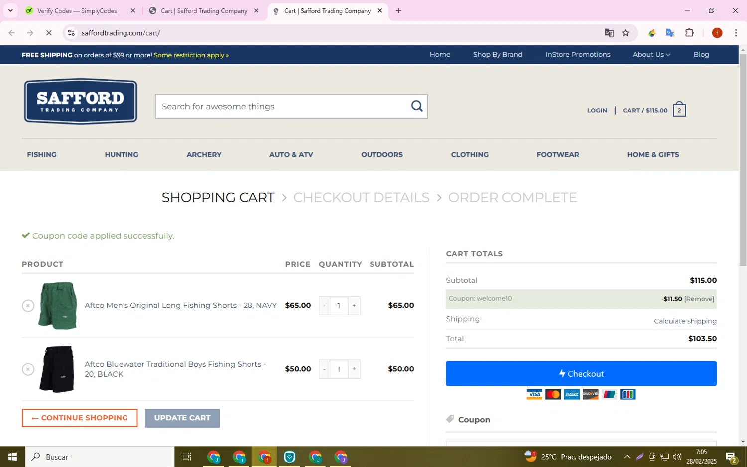 Safford Trading checkout page showing Safford Trading coupon code box | Screenshot taken by SimplyCodes community member on Feb 28, 2025