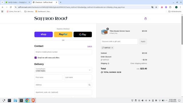 Saffron Road checkout page showing Saffron Road discount code box | Screenshot taken by SimplyCodes community member on Aug 31, 2025