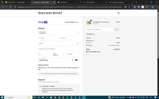 Saffron Road checkout page showing Saffron Road discount code box | Screenshot taken by SimplyCodes community member on Aug 27, 2025
