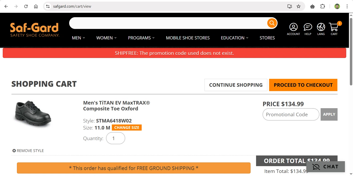 Saf-Gard promo code screenshot showing code SHIPFREE applied at Saf-Gard checkout page. Uploaded by SimplyCodes community member CleverPilot4885 on Mar 17, 2025