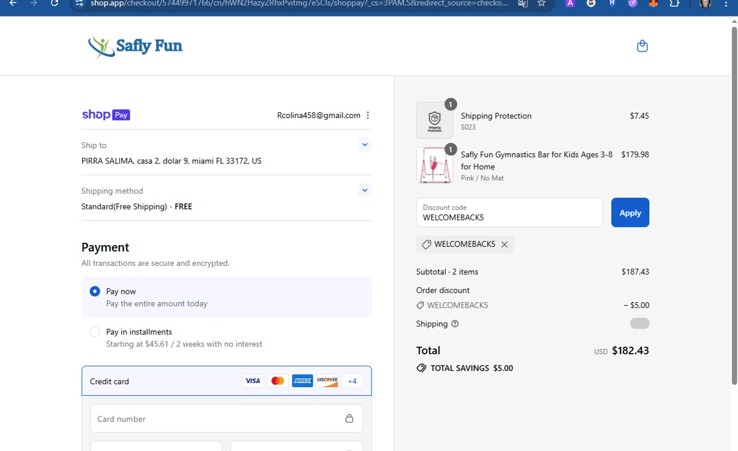 Saflyfun promo code screenshot showing code WELCOMEBACK5 applied at Saflyfun checkout page. Uploaded by SimplyCodes community member Acidwire on Aug 27, 2025