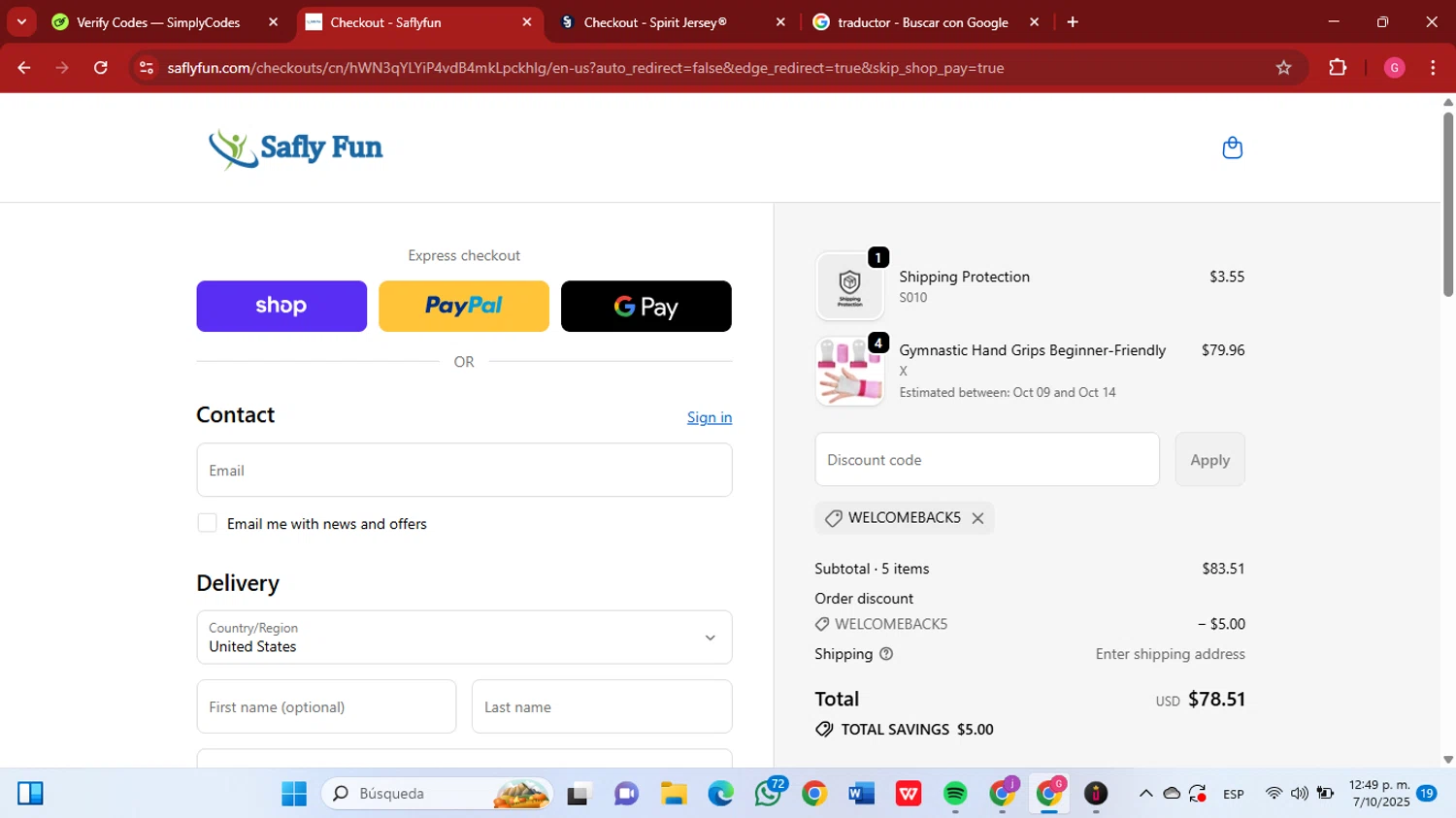 Saflyfun promo code screenshot showing code WELCOMEBACK5 applied at Saflyfun checkout page. Uploaded by SimplyCodes community member GGGilbert on Oct 7, 2025