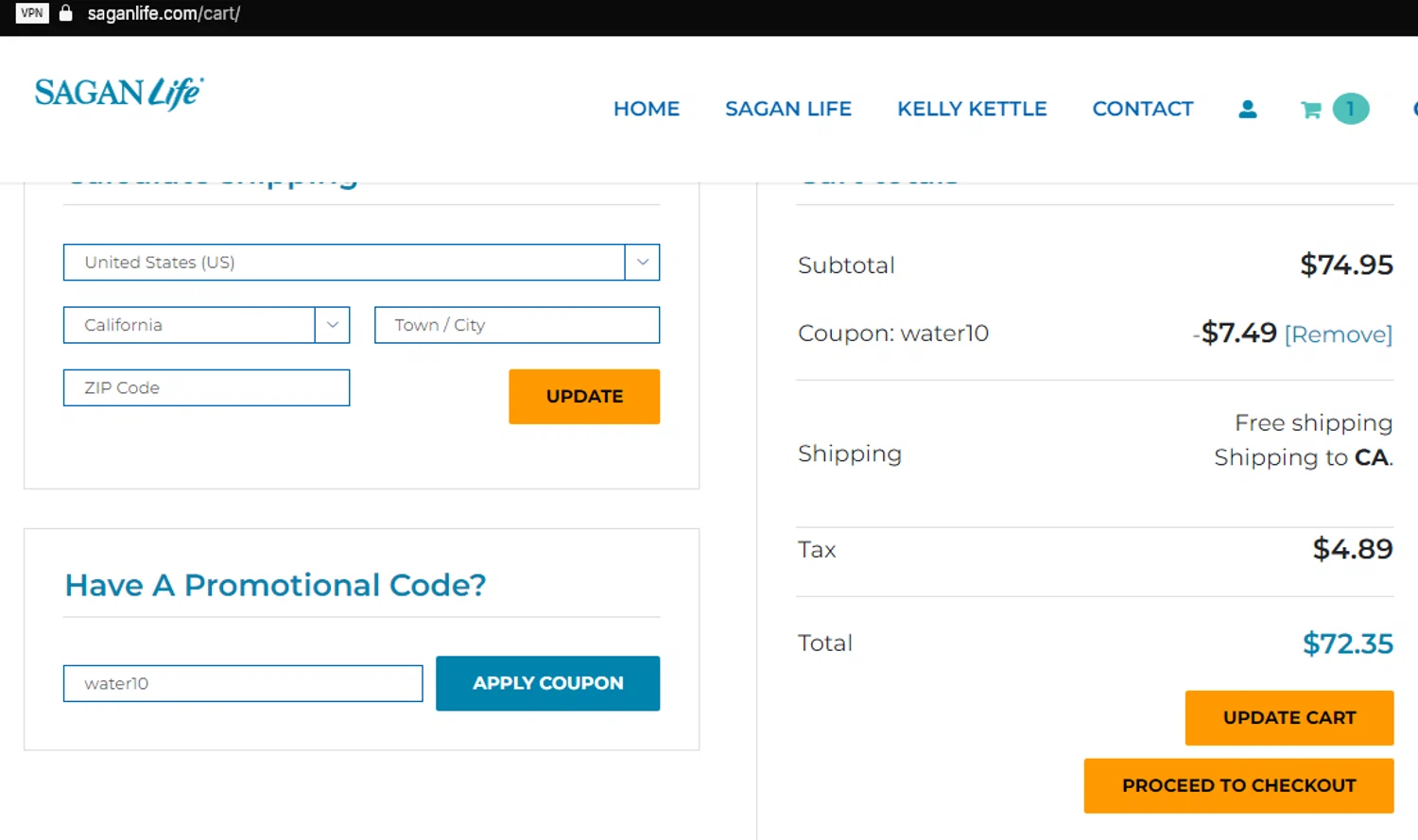 Sagan Life coupon code screenshot showing code water10 applied at Sagan Life checkout page. Uploaded by SimplyCodes community member Alexprime20 on Feb 17, 2025