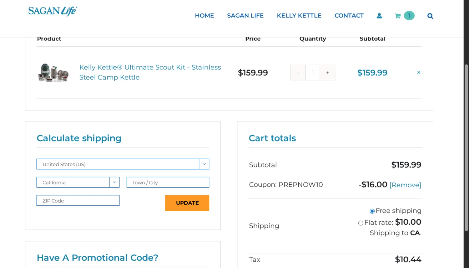 Sagan Life coupon code screenshot showing code PREPNOW10 applied at Sagan Life checkout page. Uploaded by SimplyCodes community member SavvyLegend1586 on Aug 11, 2025