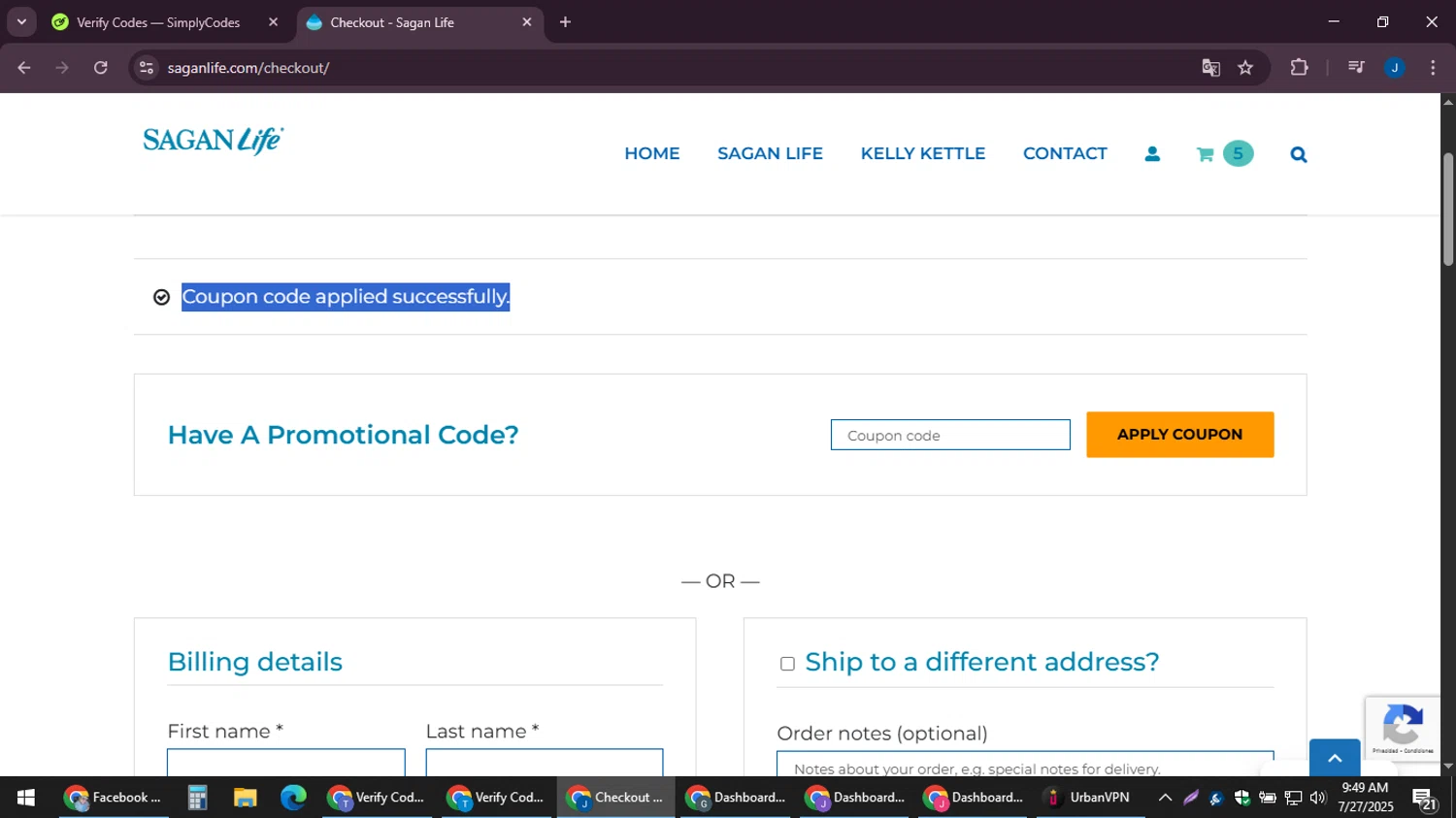 Sagan Life coupon code screenshot showing code PREPNOW10 applied at Sagan Life checkout page. Uploaded by SimplyCodes community member noesmith34ur on Jul 27, 2025