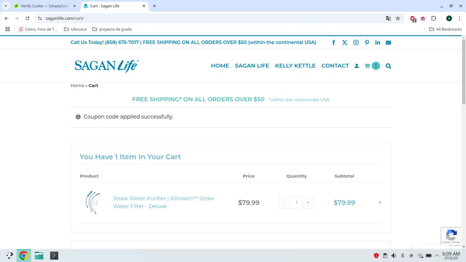 Sagan Life coupon code screenshot showing code xslp10 applied at Sagan Life checkout page. Uploaded by SimplyCodes community member admeneses on Feb 27, 2025