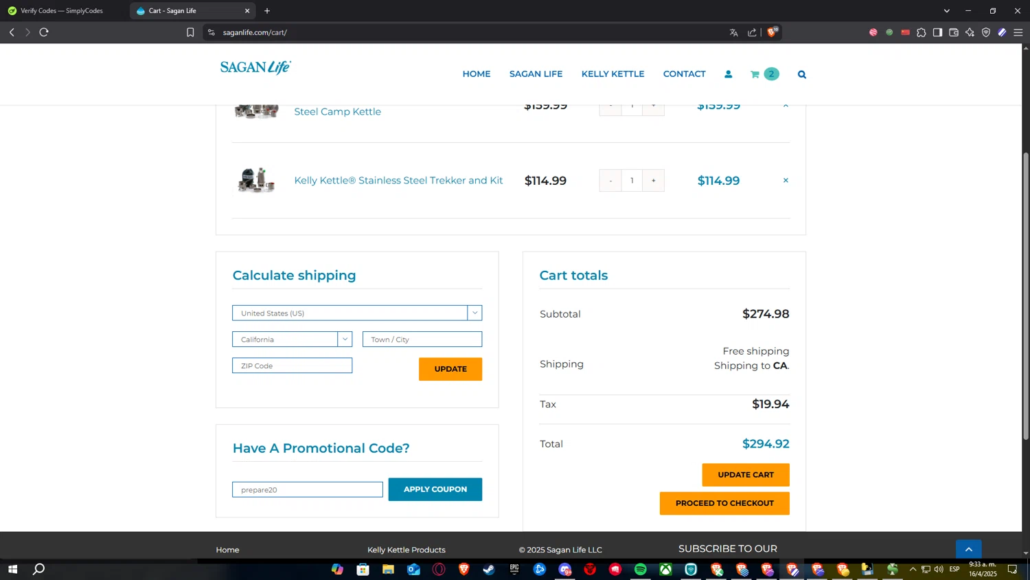 Sagan Life coupon code screenshot showing code prepare20 applied at Sagan Life checkout page. Uploaded by SimplyCodes community member ElPelao on Apr 16, 2025