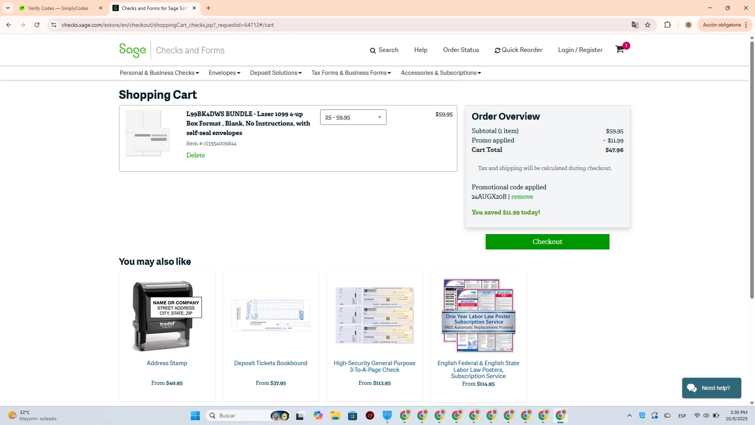 Sage checkout page showing Sage promo code box | Screenshot taken by SimplyCodes community member on Oct 9, 2025