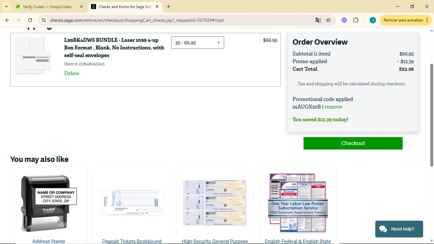 Sage checkout page showing Sage promo code box | Screenshot taken by SimplyCodes community member on Jan 25, 2026