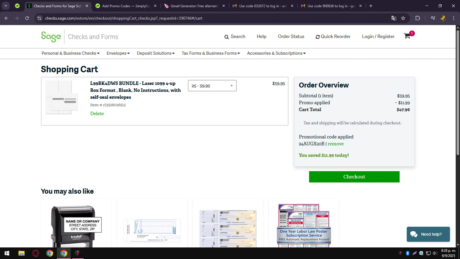 Sage checkout page showing Sage promo code box | Screenshot taken by SimplyCodes community member on Sep 10, 2025