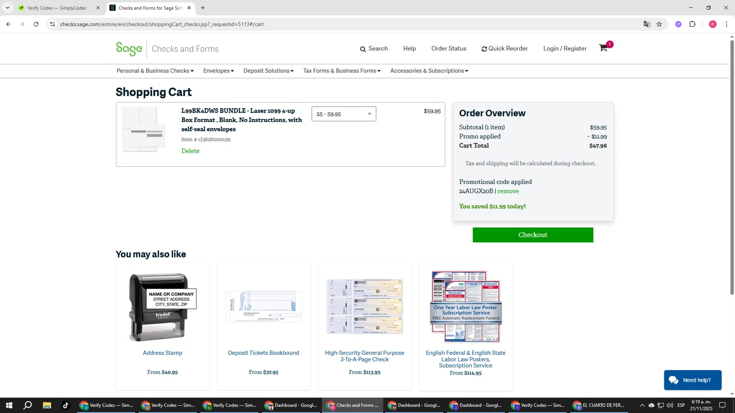 Sage promo code screenshot showing code 24AUGX20B applied at Sage checkout page. Uploaded by SimplyCodes community member TTTT55 on Nov 21, 2025