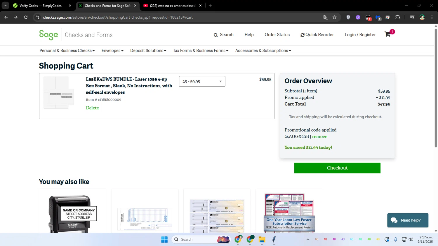 Sage promo code screenshot showing code 24AUGX20B applied at Sage checkout page. Uploaded by SimplyCodes community member franalepe on Nov 9, 2025