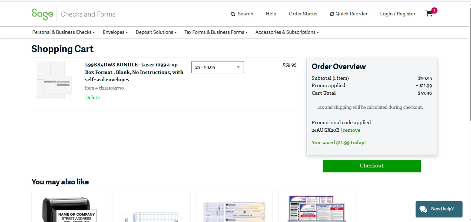 Sage checkout page showing Sage promo code box | Screenshot taken by SimplyCodes community member on Sep 15, 2025
