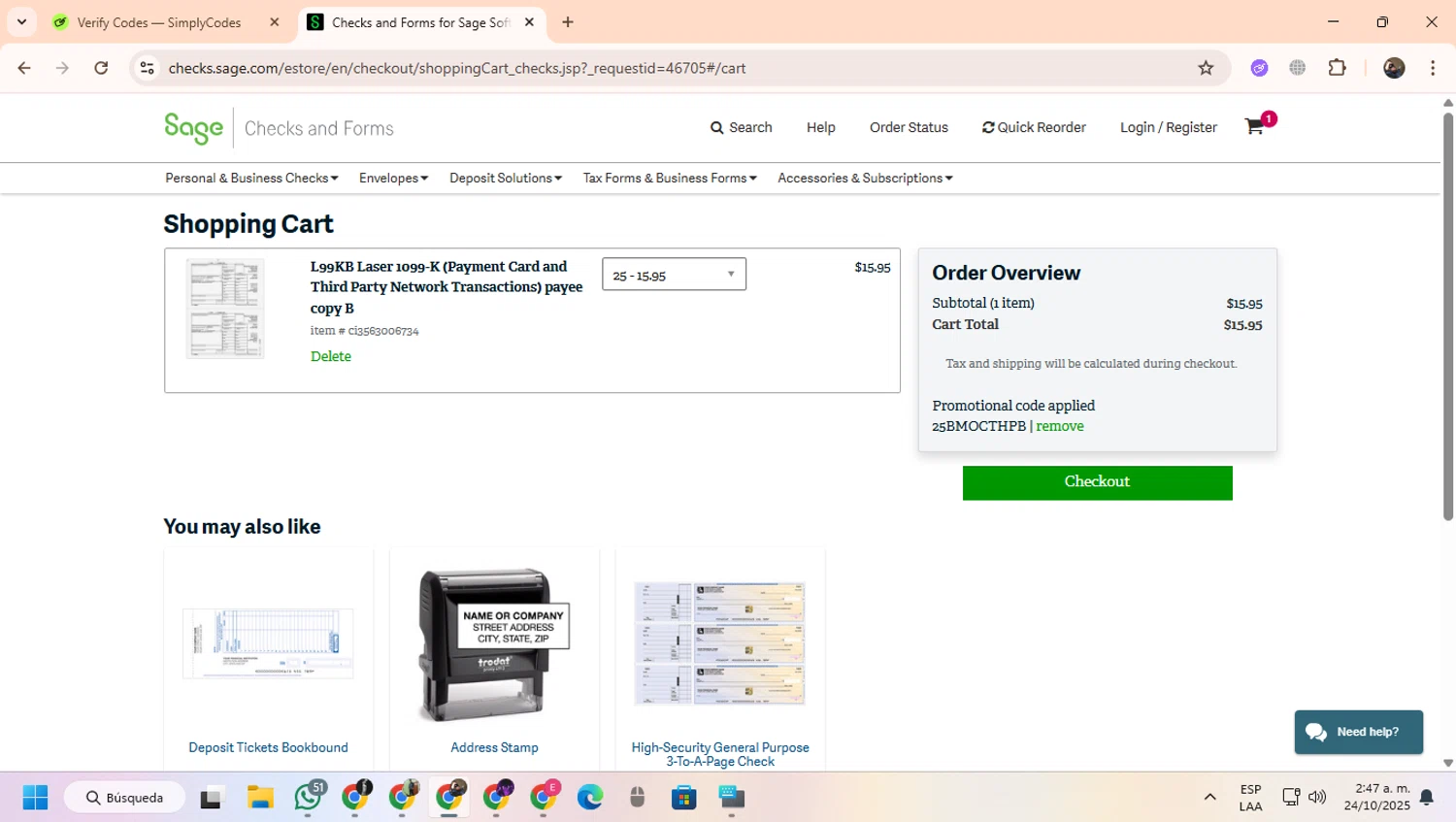 Sage promo code screenshot showing code 25BMOCTHPB applied at Sage checkout page. Uploaded by SimplyCodes community member CoinScout855 on Oct 24, 2025