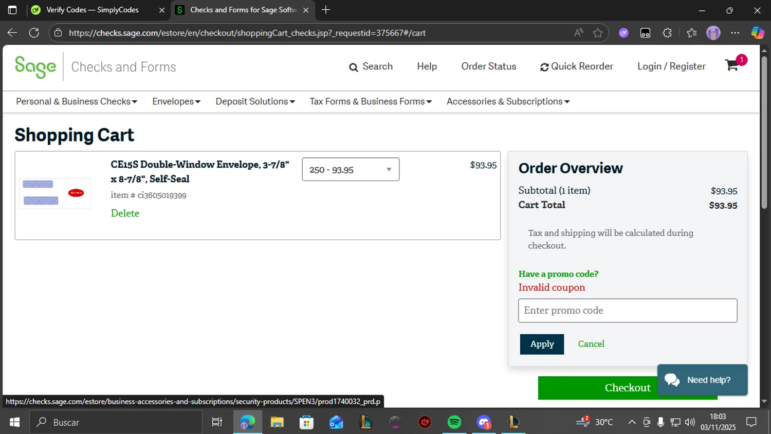 Sage promo code screenshot showing code 25BMOCTHPB applied at Sage checkout page. Uploaded by SimplyCodes community member THEBANANA on Nov 3, 2025
