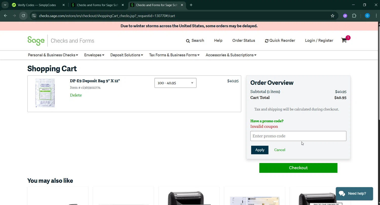 Sage promo code screenshot showing code 26SBDLHPB applied at Sage checkout page. Uploaded by SimplyCodes community member GoldChaser6627 on Feb 4, 2026