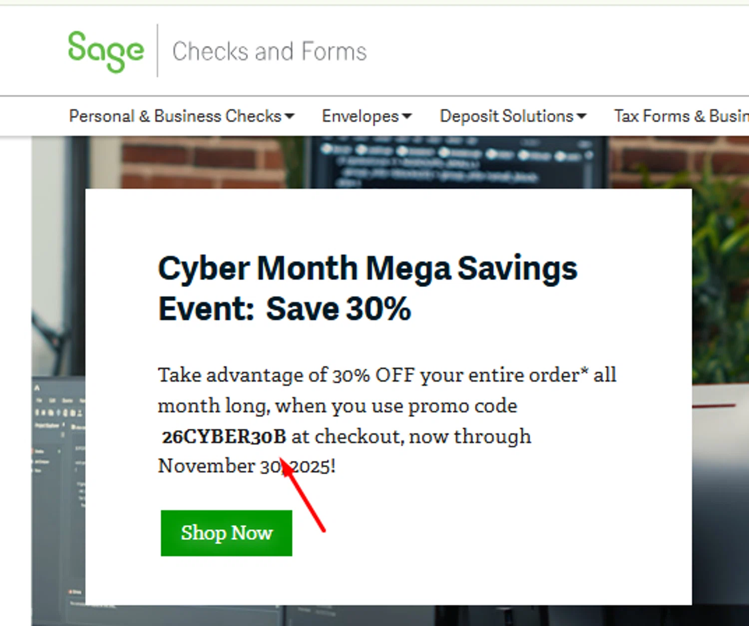 Sage promo code screenshot showing code 26CYBER30B applied at Sage checkout page. Uploaded by SimplyCodes community member carlosrivero on Nov 9, 2025