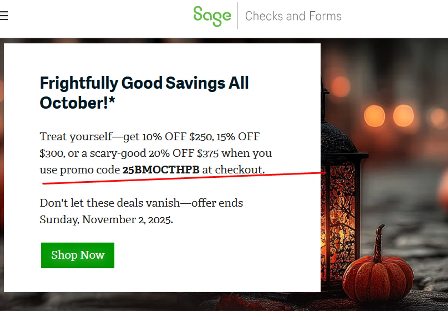 Sage promo code screenshot showing code 25BMOCTHPB applied at Sage checkout page. Uploaded by SimplyCodes community member paola49520 on Oct 24, 2025