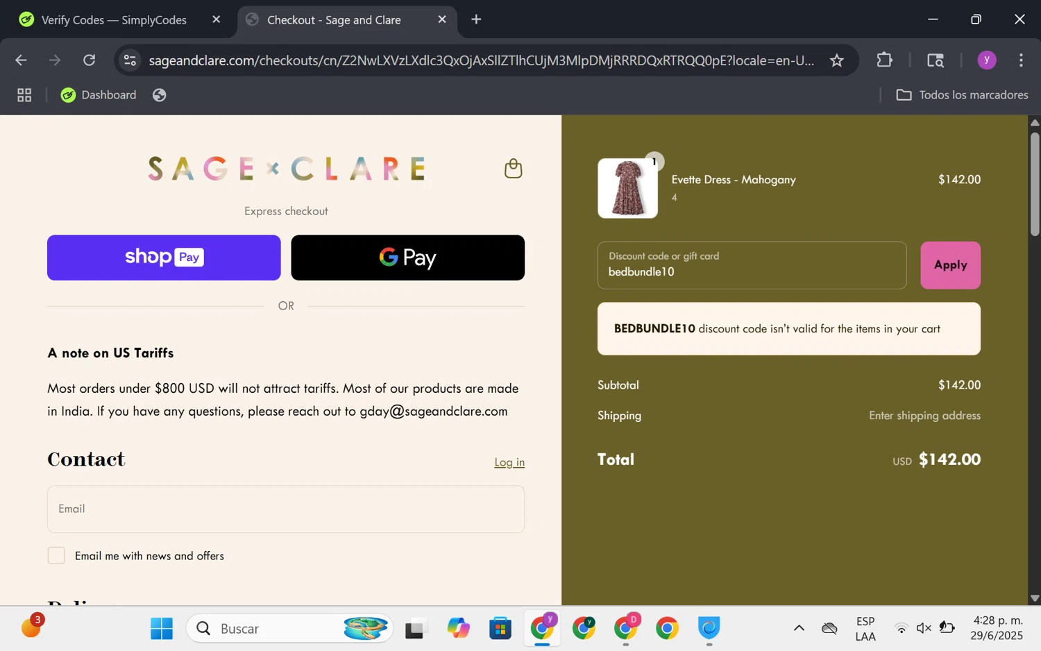 Sage and Clare discount code screenshot showing code bedbundle10 applied at Sage and Clare checkout page. Uploaded by SimplyCodes community member FrugalKnight6753 on Jun 29, 2025