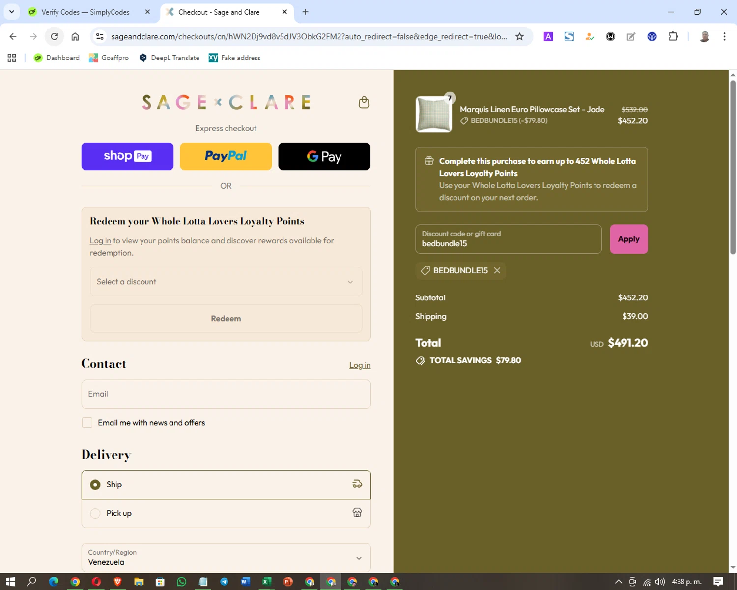 Sage and Clare discount code screenshot showing code bedbundle15 applied at Sage and Clare checkout page. Uploaded by SimplyCodes community member Washington on Aug 25, 2025