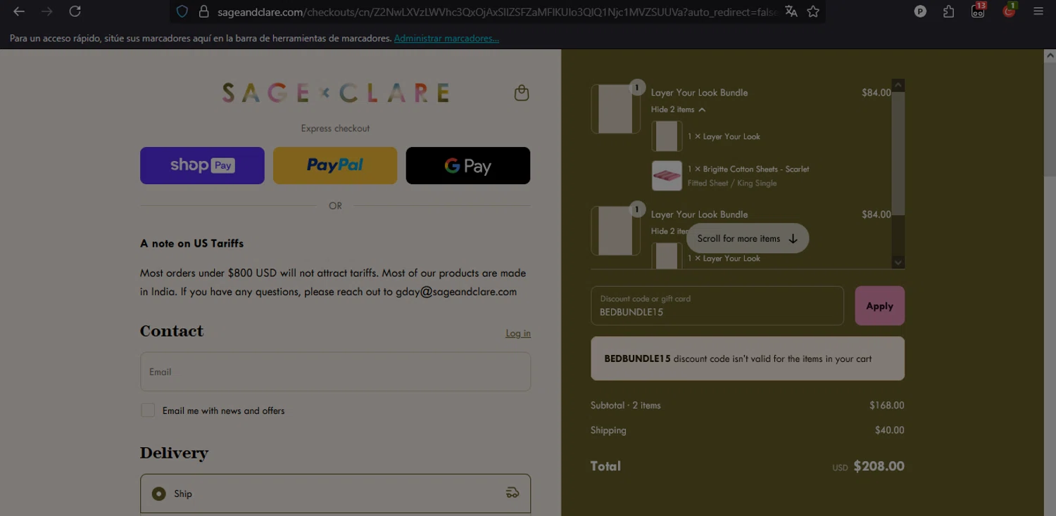 Sage and Clare discount code screenshot showing code BEDBUNDLE15 applied at Sage and Clare checkout page. Uploaded by SimplyCodes community member GloriousMaven6295 on Jun 29, 2025