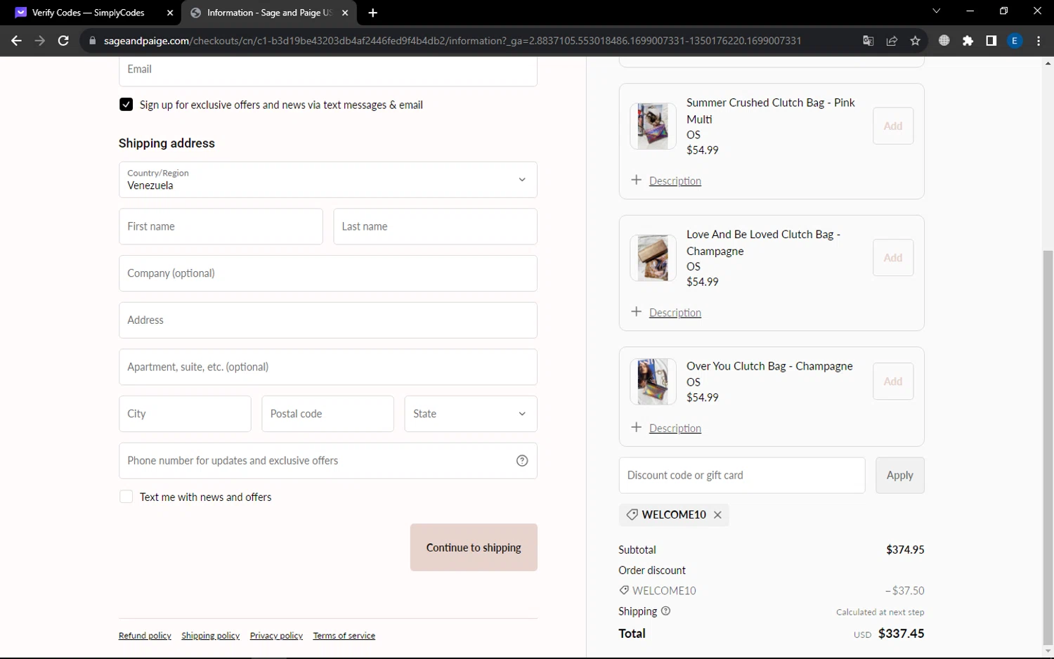 Sage and Paige USA checkout page showing Sage and Paige USA promo code box | Screenshot taken by SimplyCodes community member on Nov 3, 2023