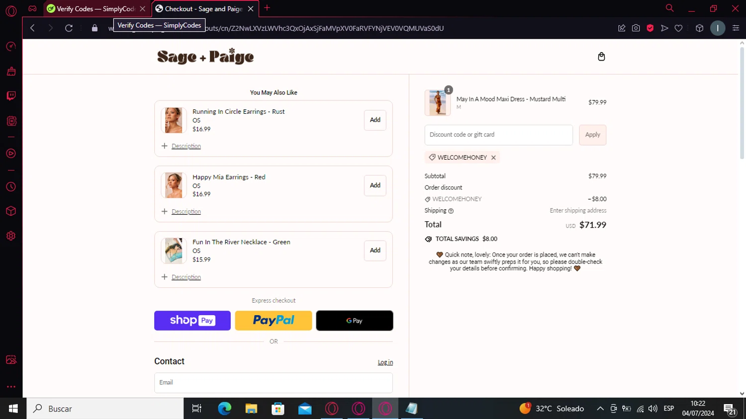 Sage and Paige USA checkout page showing Sage and Paige USA promo code box | Screenshot taken by SimplyCodes community member on Jul 4, 2024