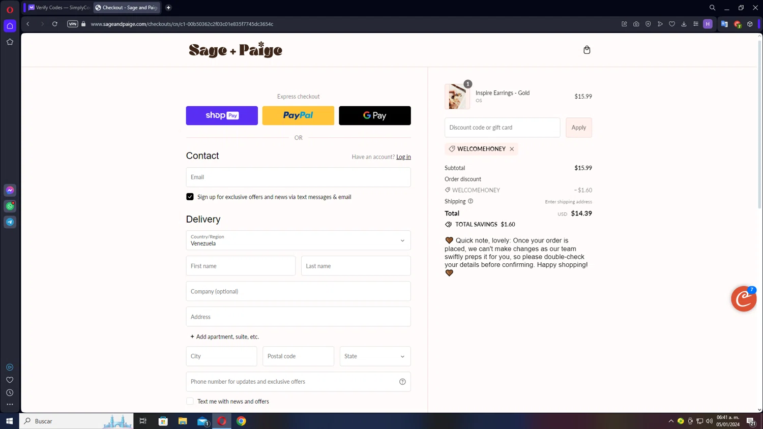 Sage and Paige USA checkout page showing Sage and Paige USA promo code box | Screenshot taken by SimplyCodes community member on Jan 5, 2024