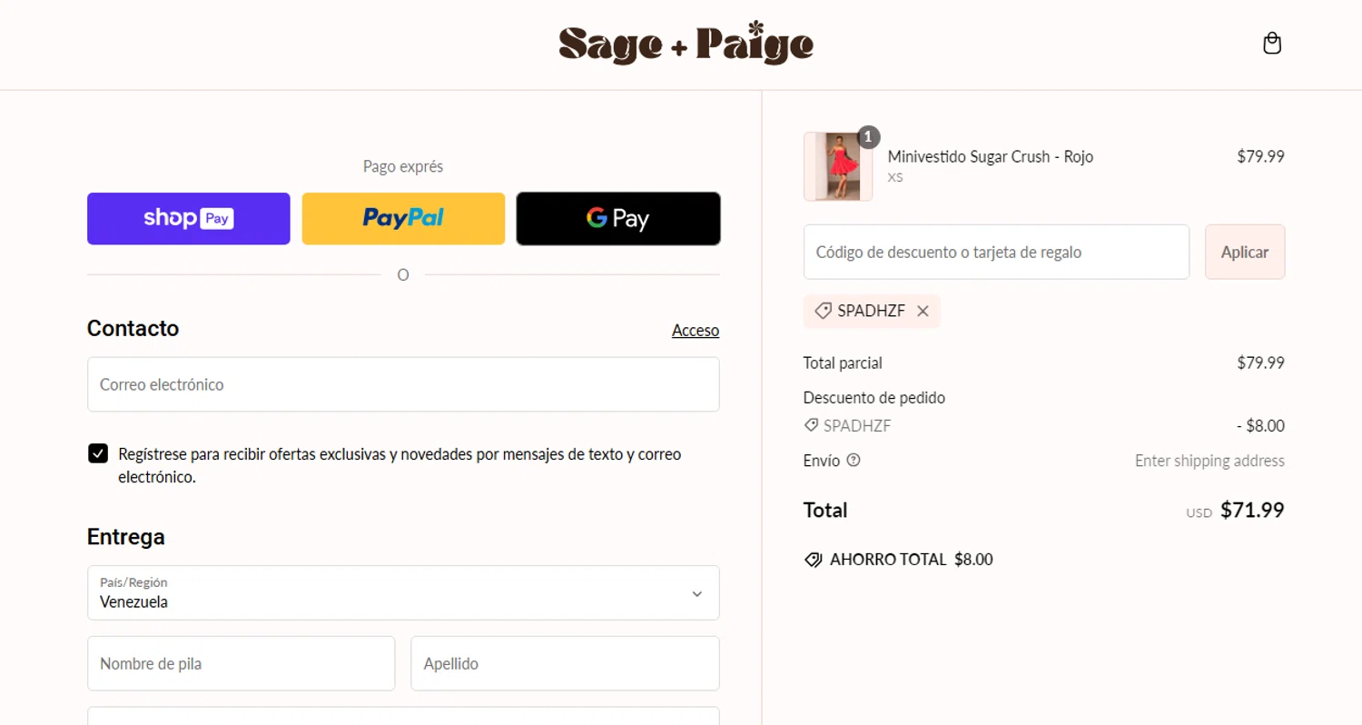 Sage and Paige USA checkout page showing Sage and Paige USA promo code box | Screenshot taken by SimplyCodes community member on Nov 28, 2024