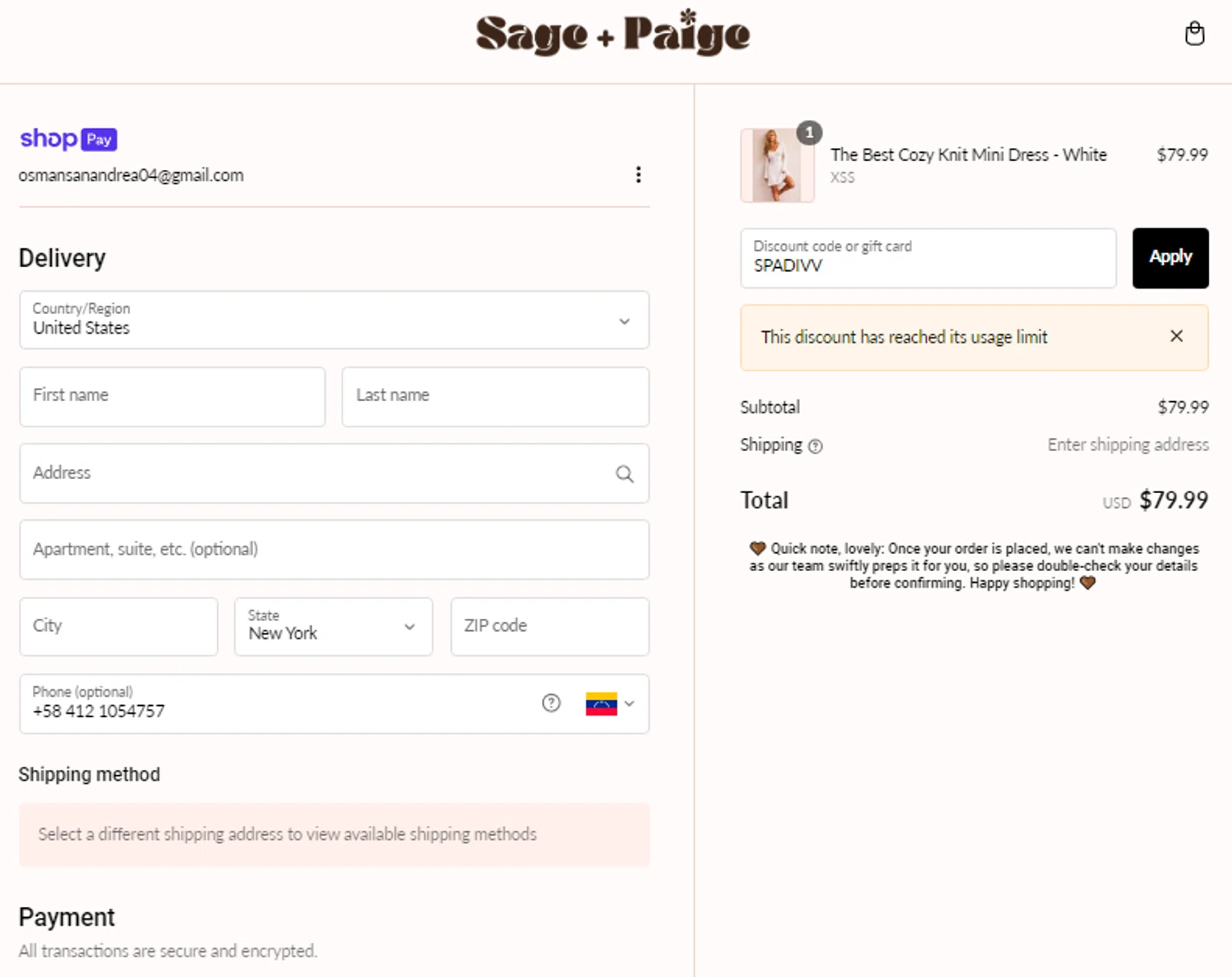 Sage and Paige USA promo code screenshot showing code SPADIVV applied at Sage and Paige USA checkout page. Uploaded by SimplyCodes community member ElonMusk on Jan 16, 2025
