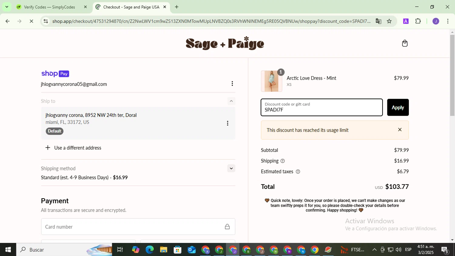 Sage and Paige USA promo code screenshot showing code SPADI7F applied at Sage and Paige USA checkout page. Uploaded by SimplyCodes community member PromoHunter9043 on Feb 3, 2025