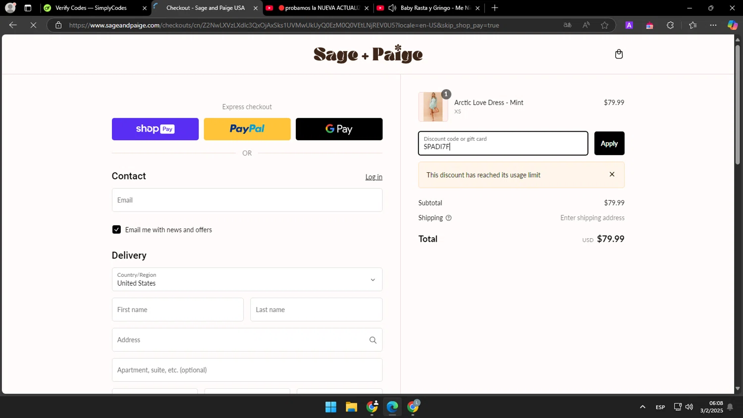 Sage and Paige USA promo code screenshot showing code SPADI7F applied at Sage and Paige USA checkout page. Uploaded by SimplyCodes community member tonikros on Feb 3, 2025