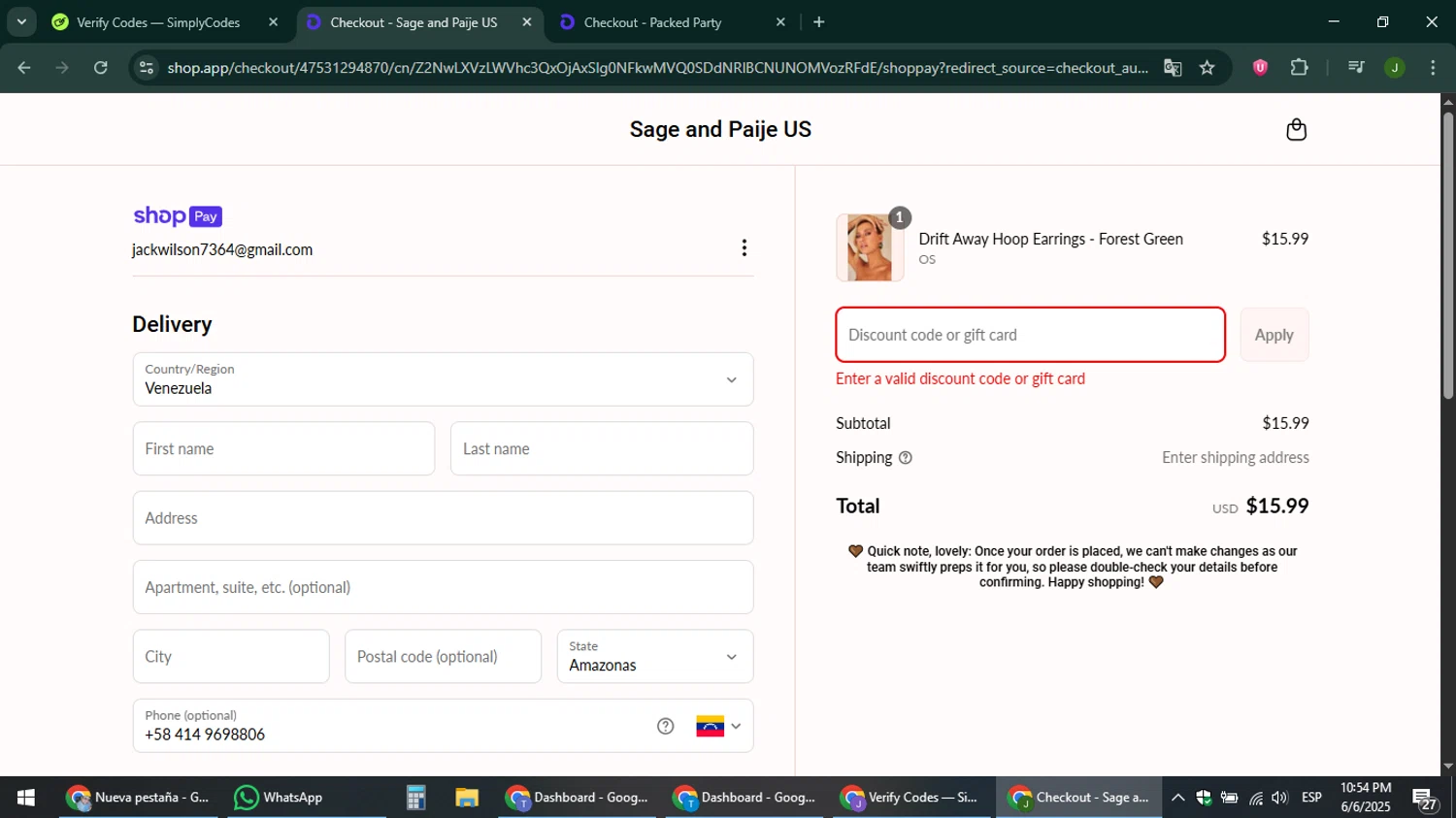 Sage and Paige USA promo code screenshot showing code SPOILYOU applied at Sage and Paige USA checkout page. Uploaded by SimplyCodes community member ShieldFinder369 on Jun 7, 2025