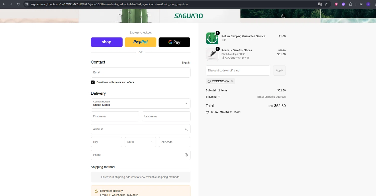 Saguaro discount code screenshot showing code CODENEW% applied at Saguaro checkout page. Uploaded by SimplyCodes community member RebateVirtuoso9954 on Sep 25, 2025