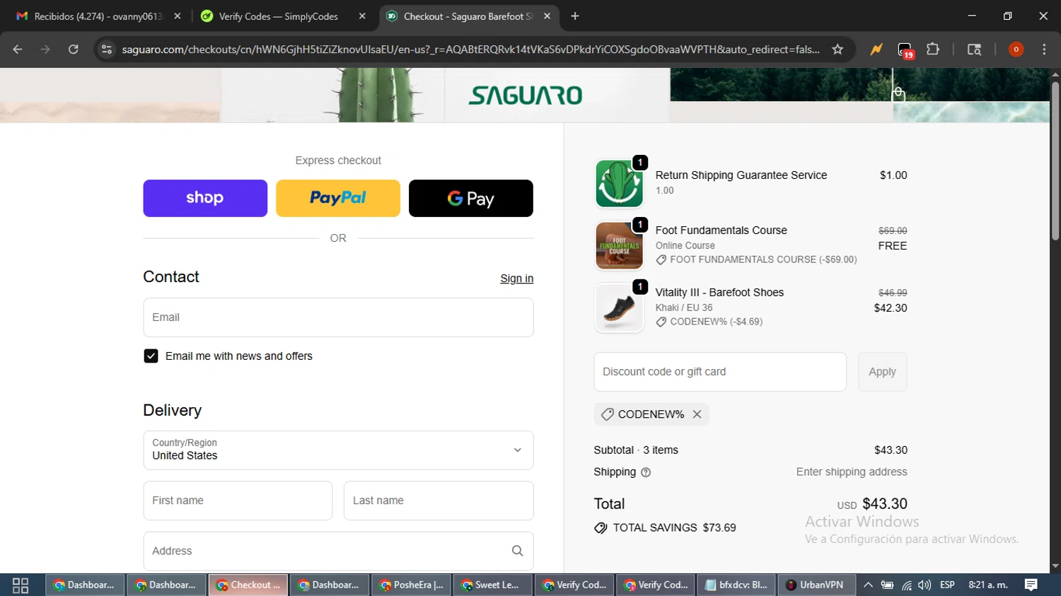 Saguaro discount code screenshot showing code CODENEW% applied at Saguaro checkout page. Uploaded by SimplyCodes community member WiseTracker2171 on Dec 10, 2025