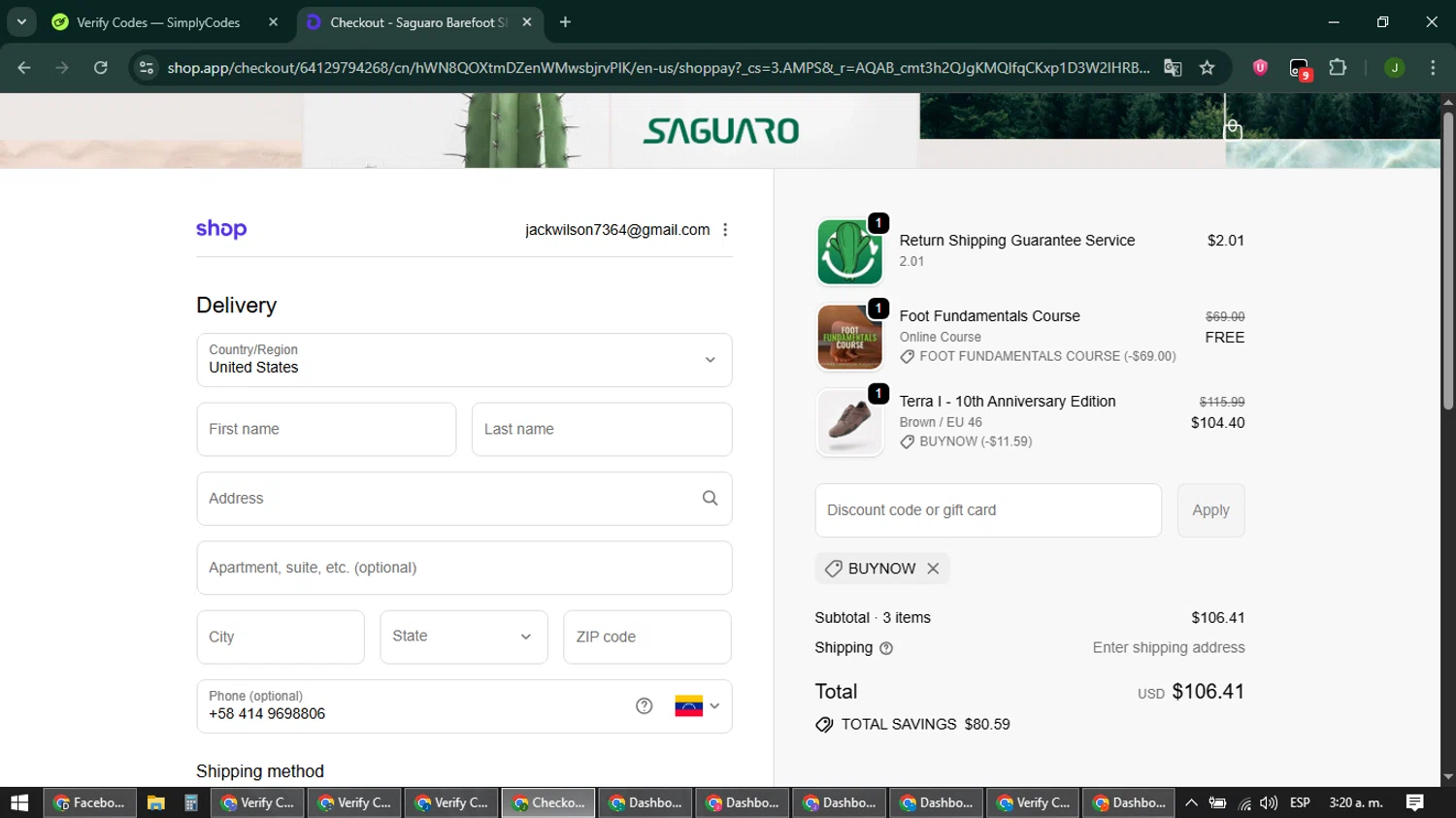 Saguaro discount code screenshot showing code BUYNOW applied at Saguaro checkout page. Uploaded by SimplyCodes community member ShieldFinder369 on Feb 5, 2026