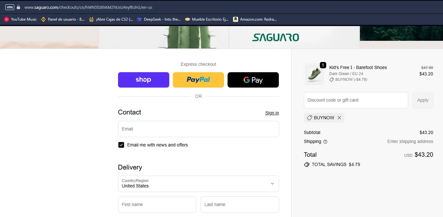 Saguaro discount code screenshot showing code BUYNOW applied at Saguaro checkout page. Uploaded by SimplyCodes community member TuAmigoRed on Nov 24, 2025