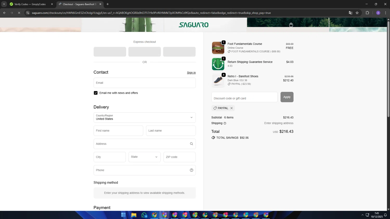 Saguaro discount code screenshot showing code PAYPAL applied at Saguaro checkout page. Uploaded by SimplyCodes community member SAKURA on Dec 10, 2025
