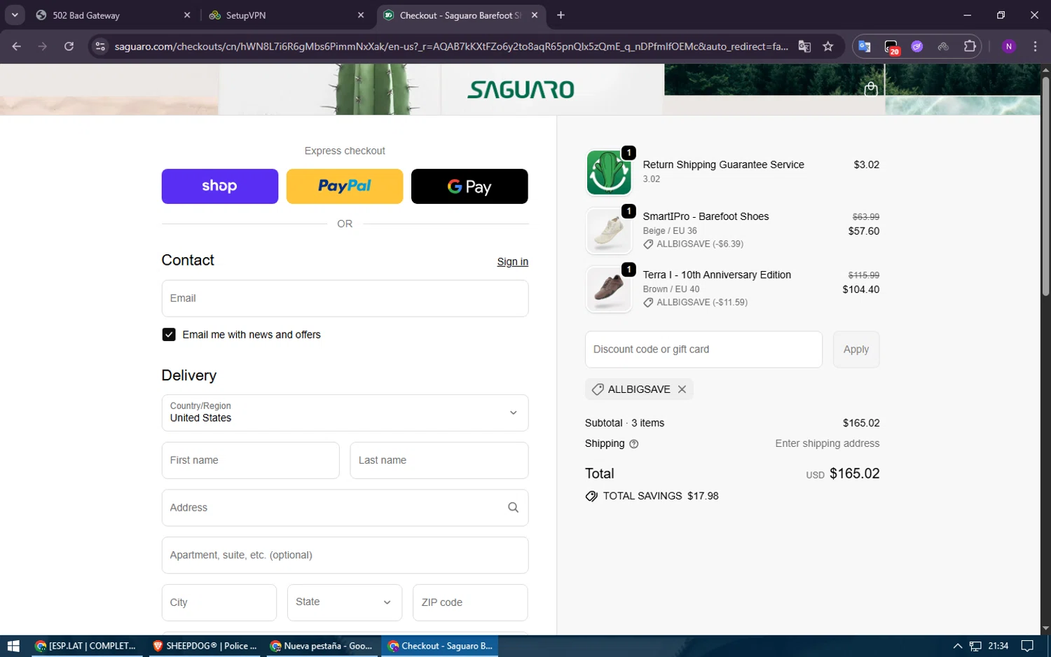 Saguaro discount code screenshot showing code ALLBIGSAVE applied at Saguaro checkout page. Uploaded by SimplyCodes community member ShieldElite2370 on Feb 3, 2026