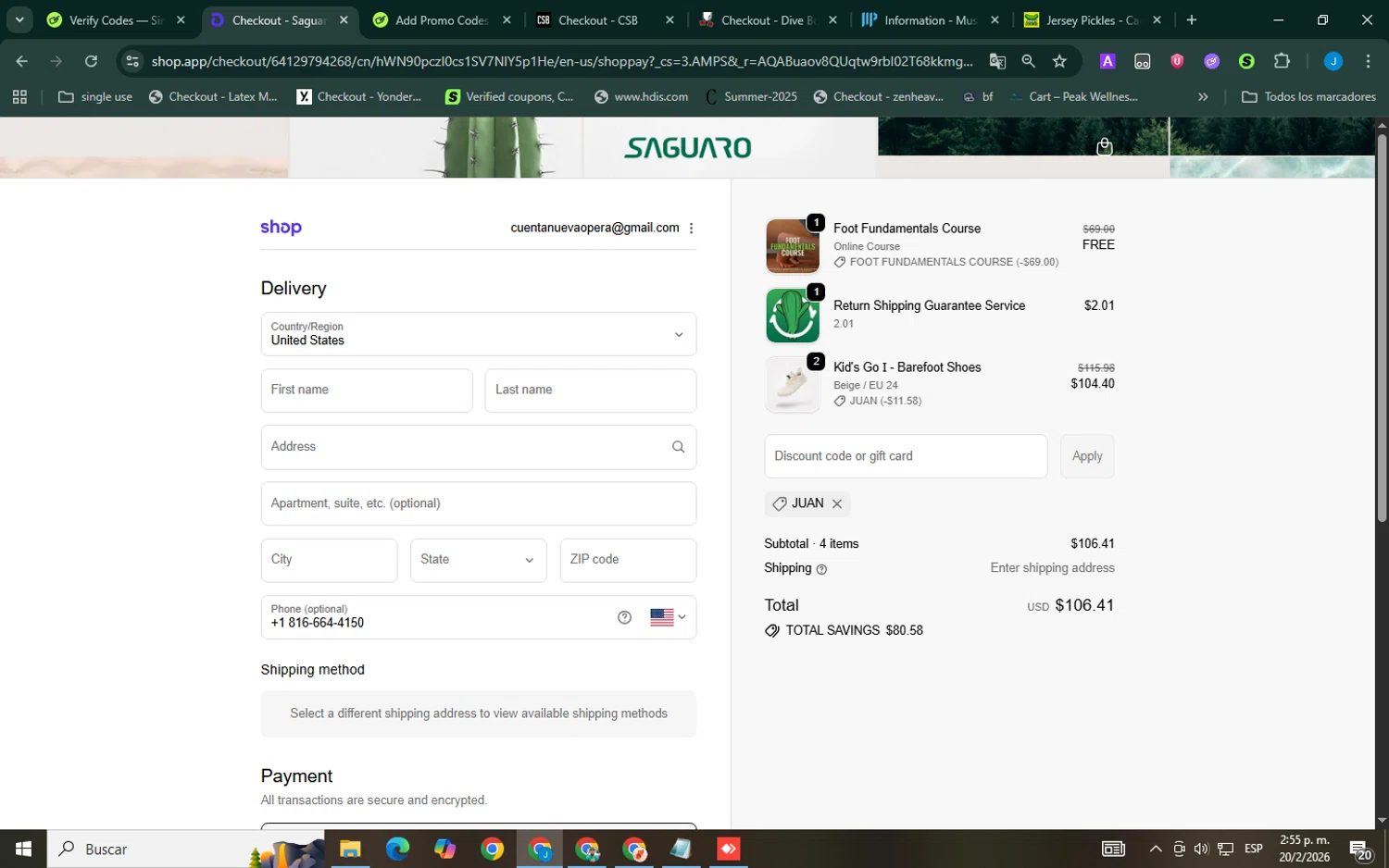Saguaro checkout page showing Saguaro discount code box | Screenshot taken by SimplyCodes community member on Feb 20, 2026