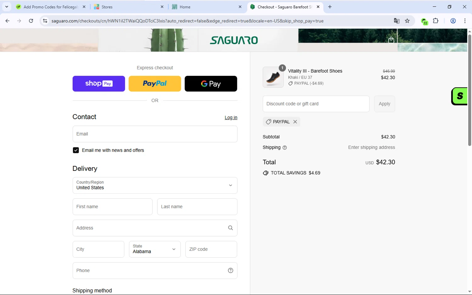 Saguaro discount code screenshot showing code PAYPAL applied at Saguaro checkout page. Uploaded by SimplyCodes community member Djmariio on Aug 19, 2025