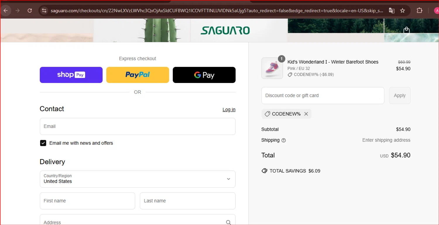 Saguaro discount code screenshot showing code CODENEW% applied at Saguaro checkout page. Uploaded by SimplyCodes community member SmartAce8625 on Jun 1, 2025