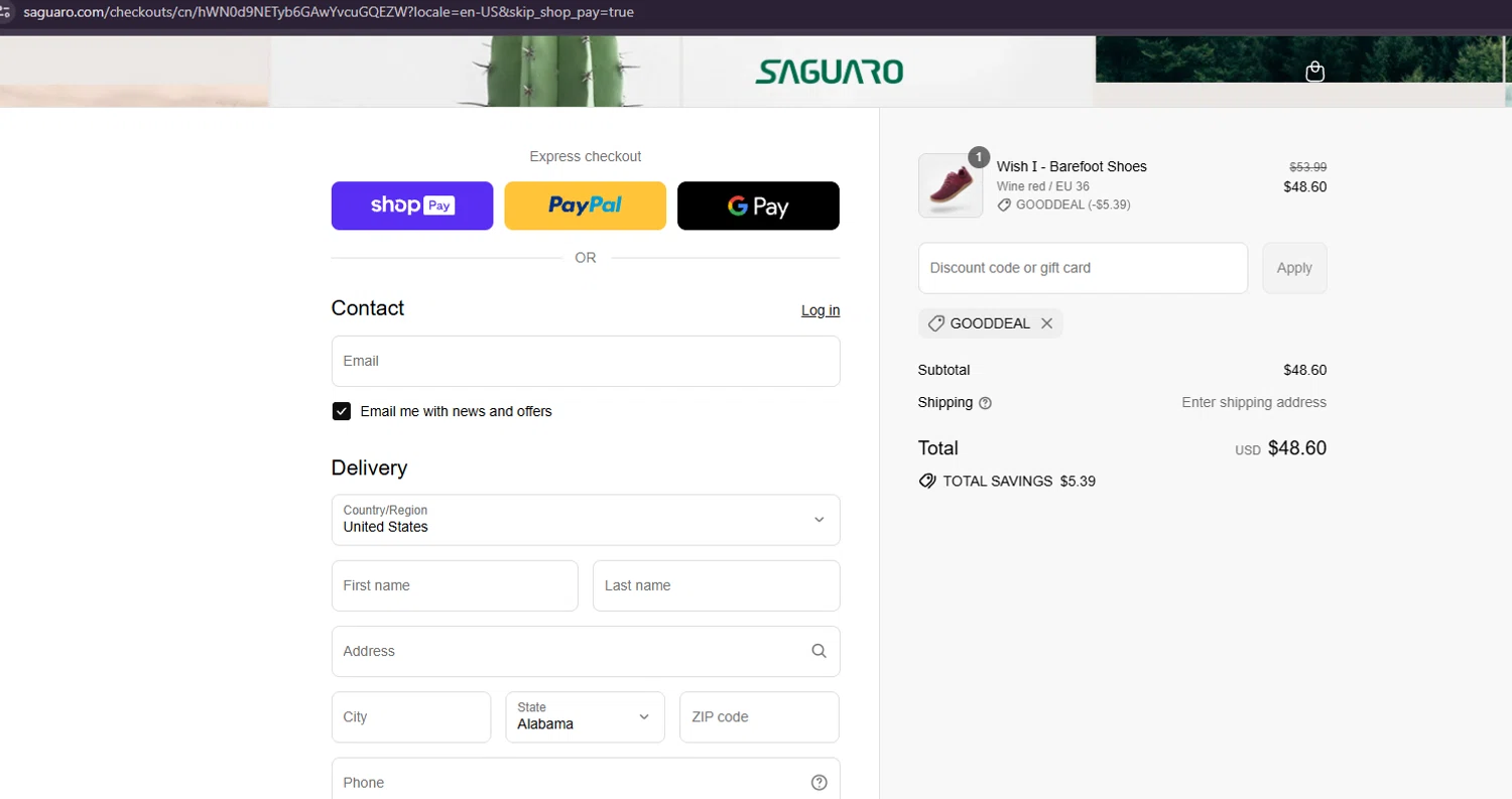Saguaro discount code screenshot showing code GOODDEAL applied at Saguaro checkout page. Uploaded by SimplyCodes community member SmartAce8625 on Jul 14, 2025