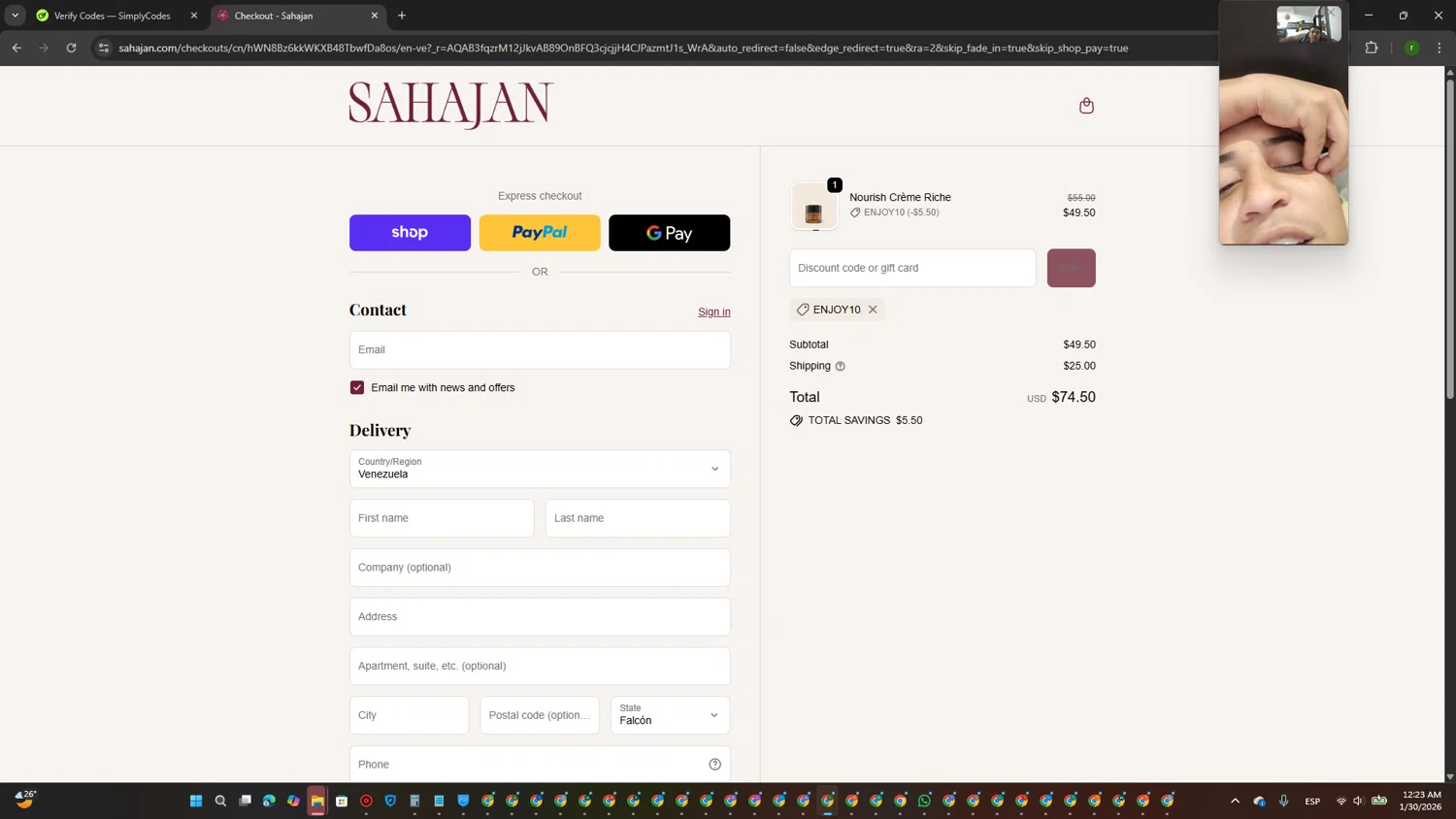 Sahajan discount code screenshot showing code ENJOY10 applied at Sahajan checkout page. Uploaded by SimplyCodes community member GoldScout9735 on Jan 30, 2026