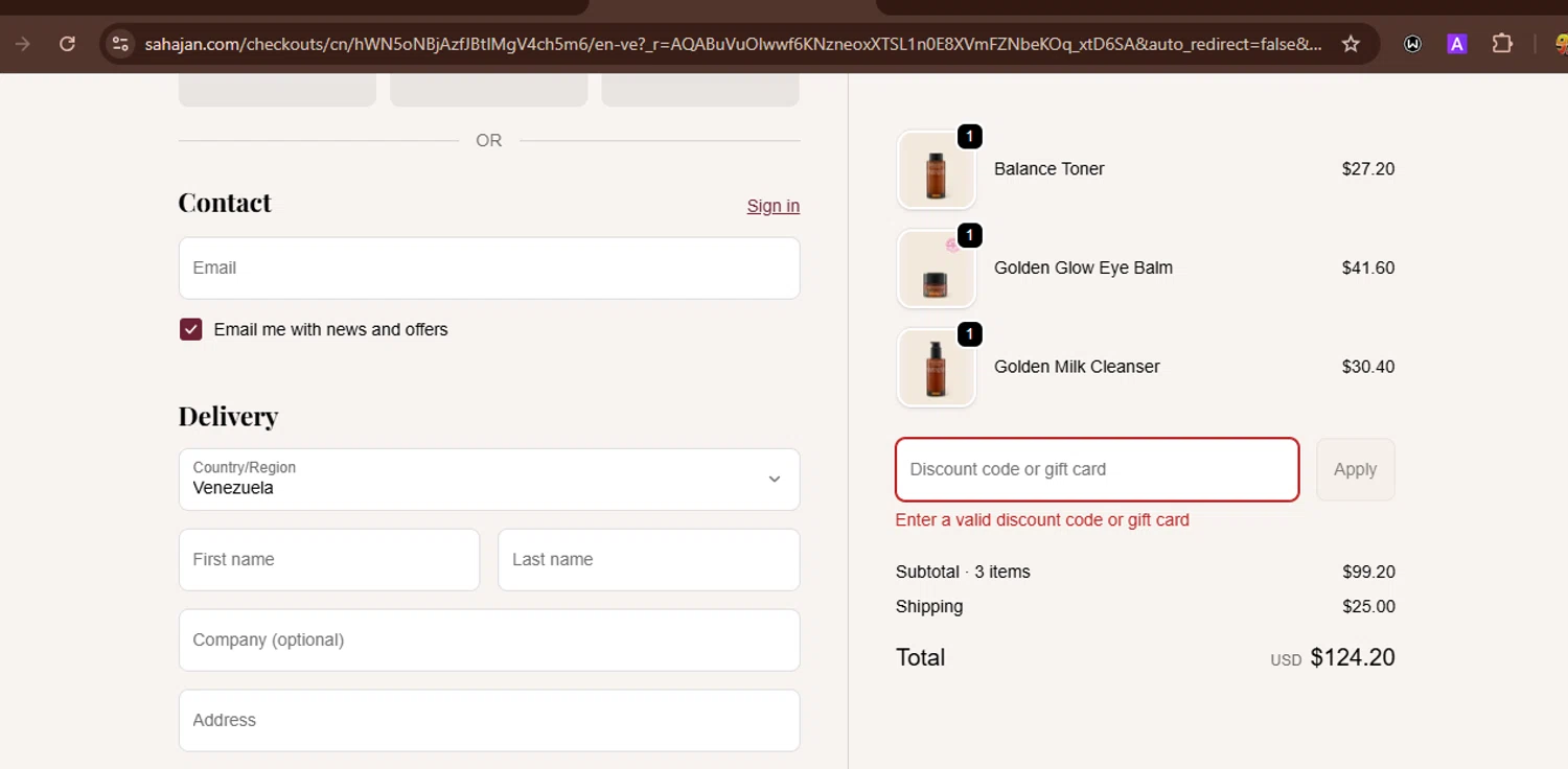 Sahajan discount code screenshot showing code ENJOY10 applied at Sahajan checkout page. Uploaded by SimplyCodes community member WonderWarden594 on Nov 28, 2025